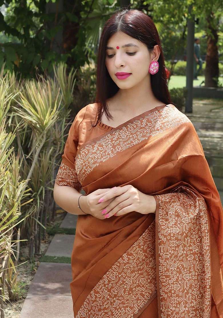 Rust Embellished Blended Saree Set for Diwali | Wedding & Festive Wear - Indya