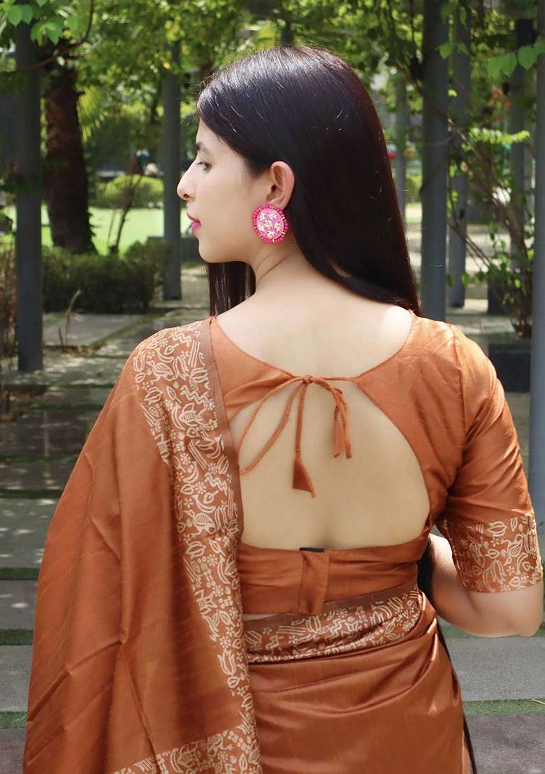 Rust Embellished Blended Saree Set for Diwali | Wedding & Festive Wear - Indya