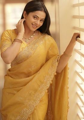Yellow Embellished Blended Saree Set