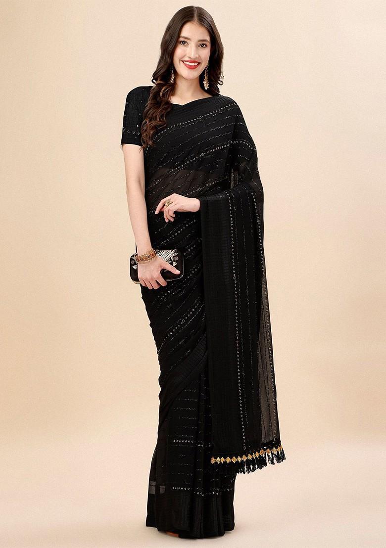 Black Embellished Blended Saree Set - Indya