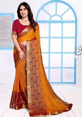 Mustard Embroidered Blended Saree Set