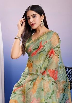 Green Sequin Embellished Blended Saree Set