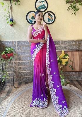 Purple Embellished Blended Saree Set