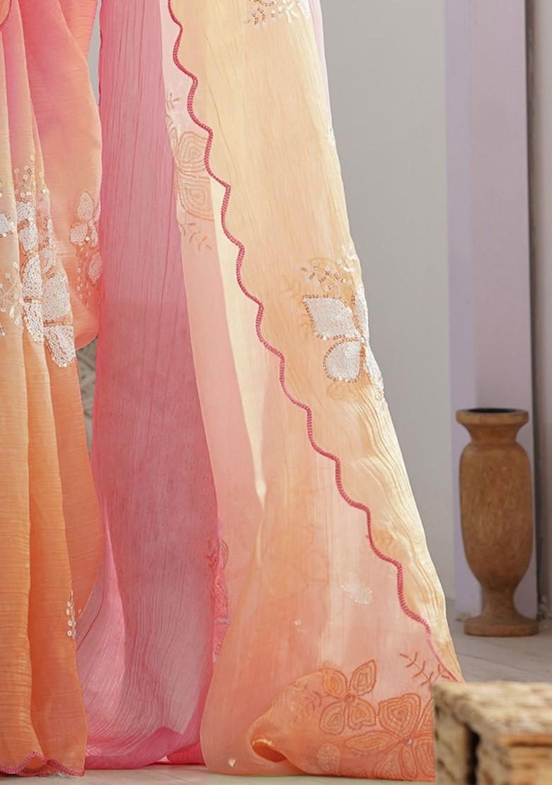 Orange Embroidered Blended Saree Set - Indya