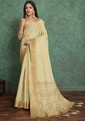 Beige Printed Blended Saree Set