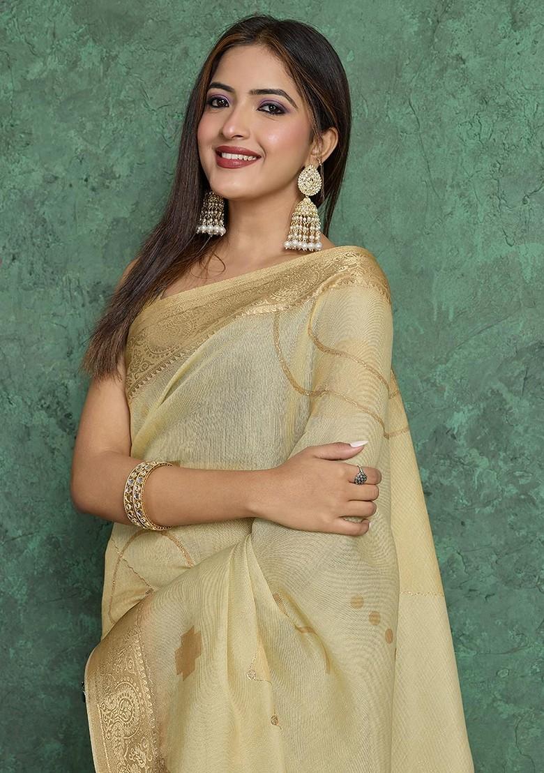 Beige Printed Blended Saree Set - Indya