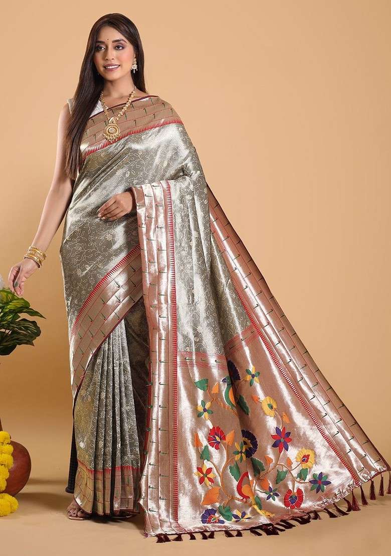 Grey Blended Saree Set with Embroidered for Diwali | Wedding & Festive Wear - Indya