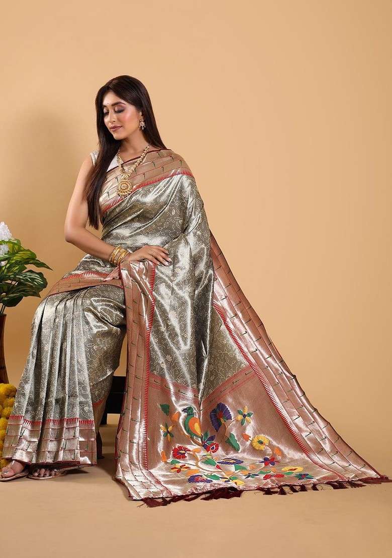 Grey Blended Saree Set with Embroidered for Diwali | Wedding & Festive Wear - Indya