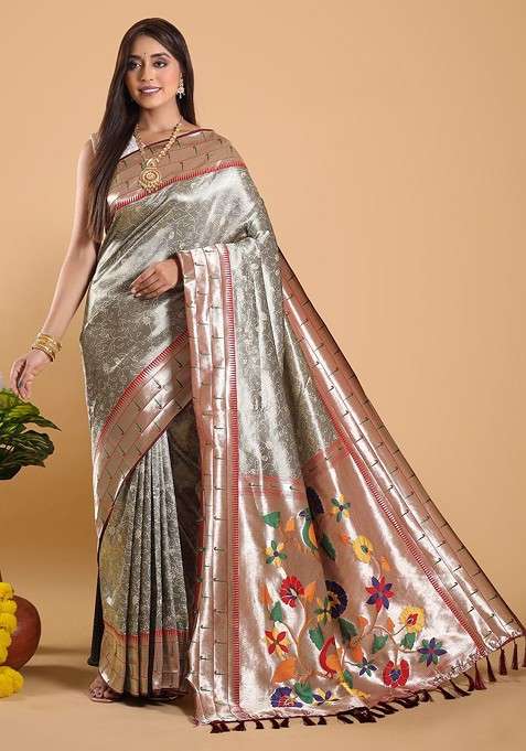 Grey Blended Saree Set with Embroidered for Diwali | Wedding & Festive Wear