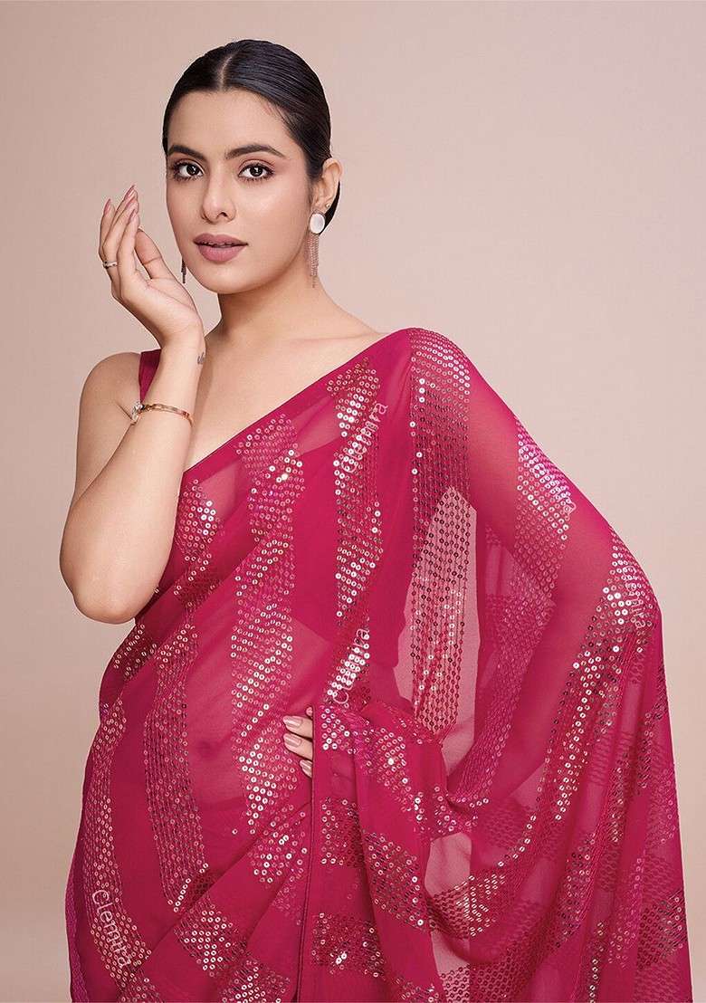 Rose Embellished Blended Saree Set for Diwali and Festive Wear - Indya