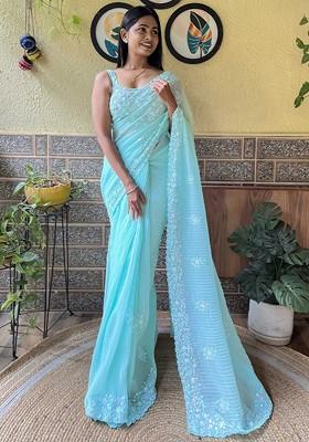 Blue Embellished Blended Saree Set
