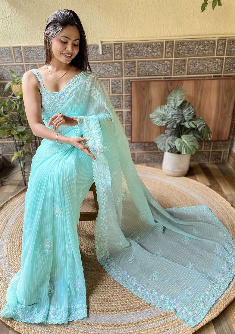 Blue Embellished Blended Saree Set for Diwali and Festive Wear - Indya