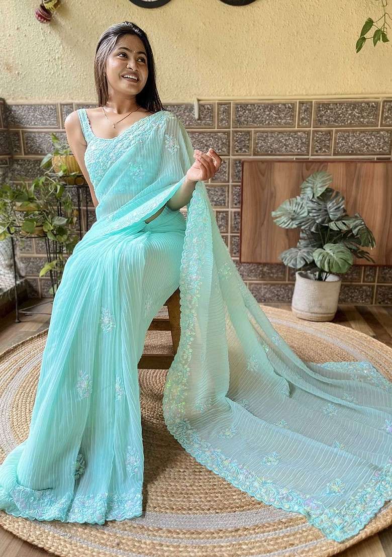 Blue Embellished Blended Saree Set for Diwali and Festive Wear - Indya
