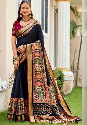 Navy Blue Embroidered Blended Saree Set