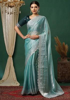 Blue Embellished Blended Saree Set
