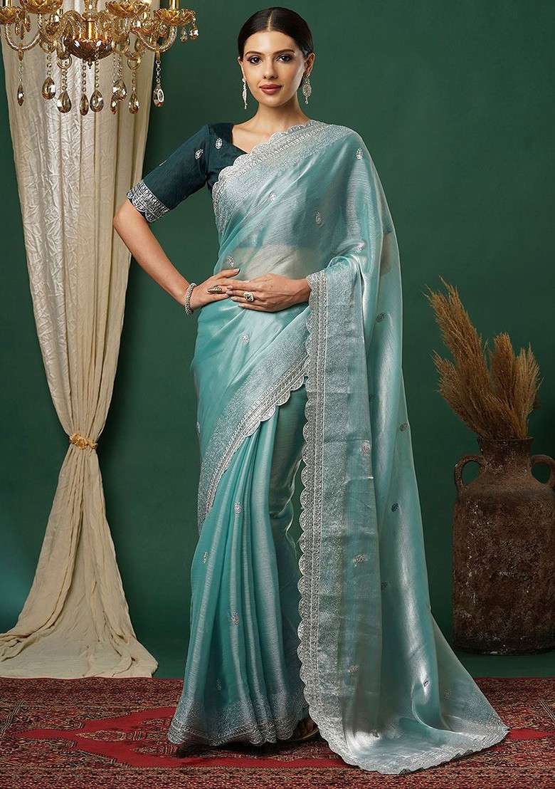 Blue Embellished Blended Saree Set for Diwali | Wedding & Festive Wear - Indya