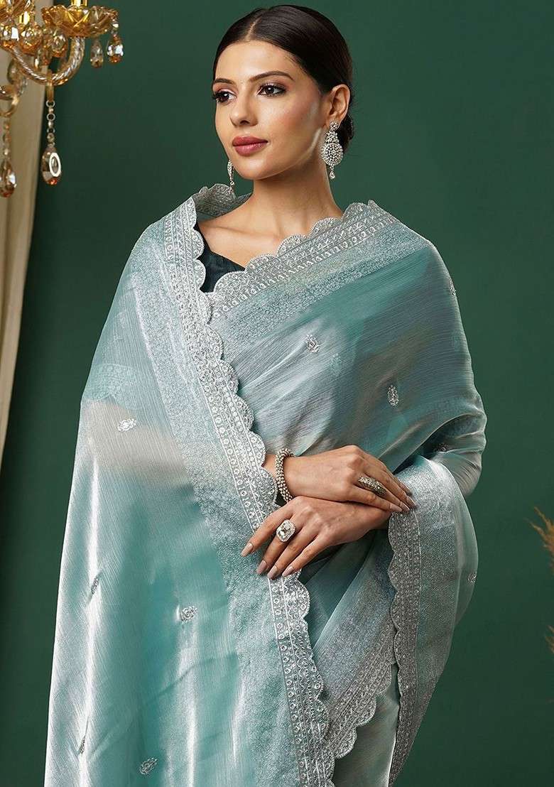 Blue Embellished Blended Saree Set for Diwali | Wedding & Festive Wear - Indya