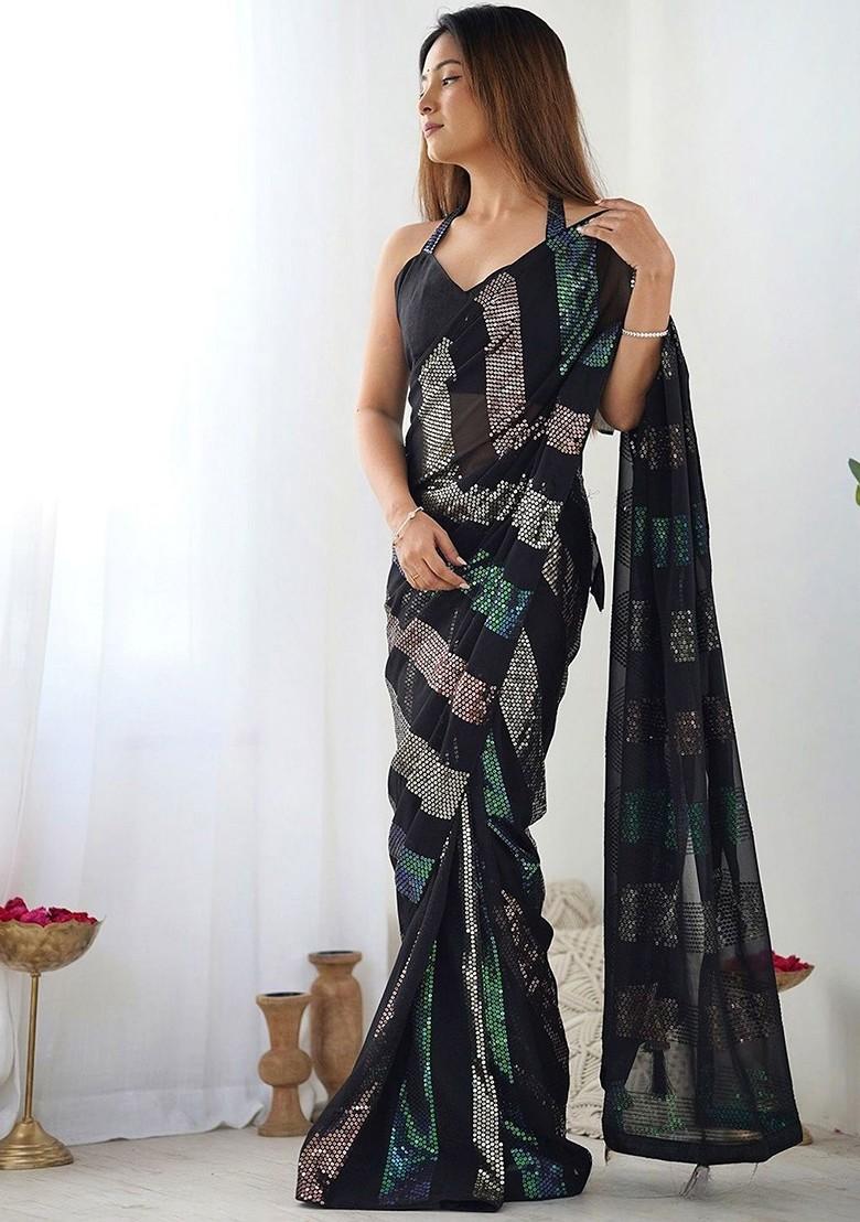 Black Embroidered Blended Saree Set - Indya