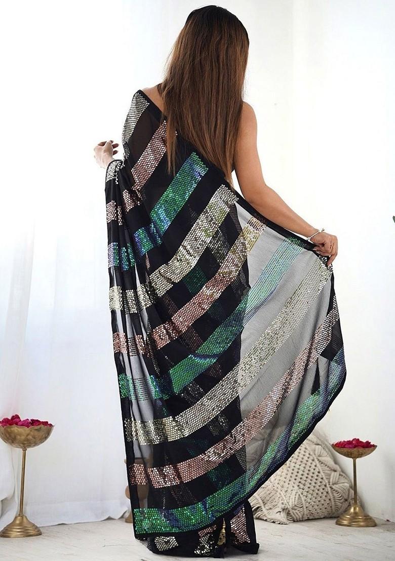 Black Embroidered Blended Saree Set - Indya