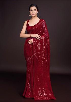Maroon Embellished Blended Saree Set