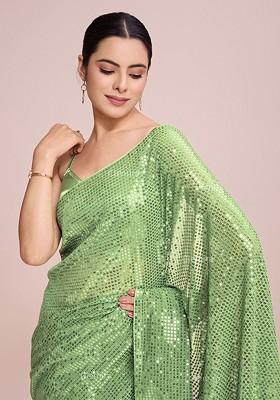 Green Embellished Blended Saree Set