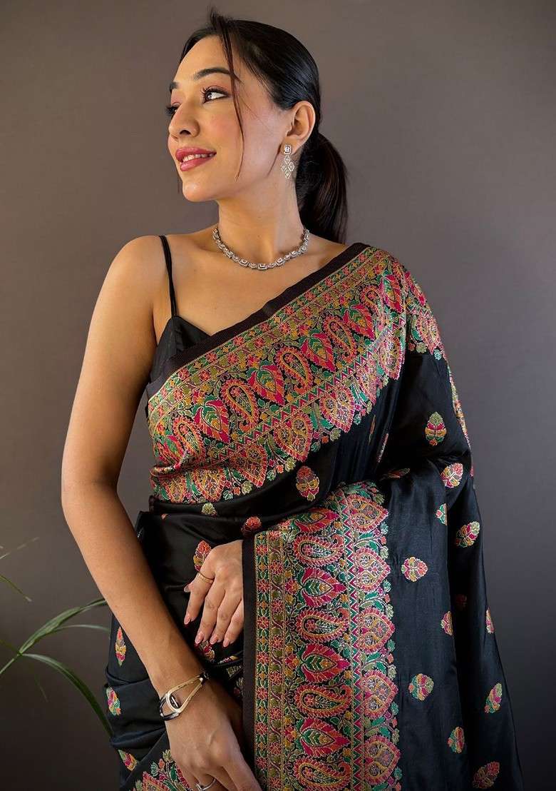 Black Embroidered Blended Saree Set for Diwali and Festive Wear - Indya