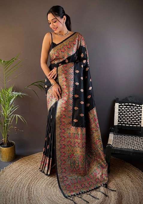 Black Embroidered Blended Saree Set for Diwali and Festive Wear