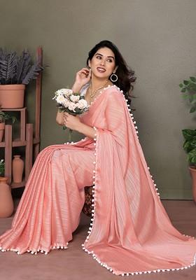 Peach Embroidered Blended Saree Set