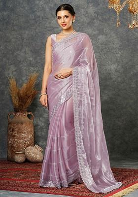 Pink Embellished Blended Saree Set