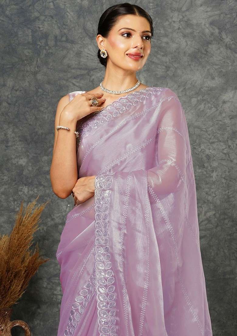 Pink Embellished Blended Saree Set - Indya