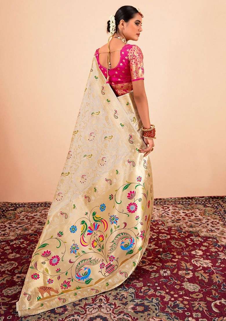 Cream Embroidered Blended Saree Set - Indya