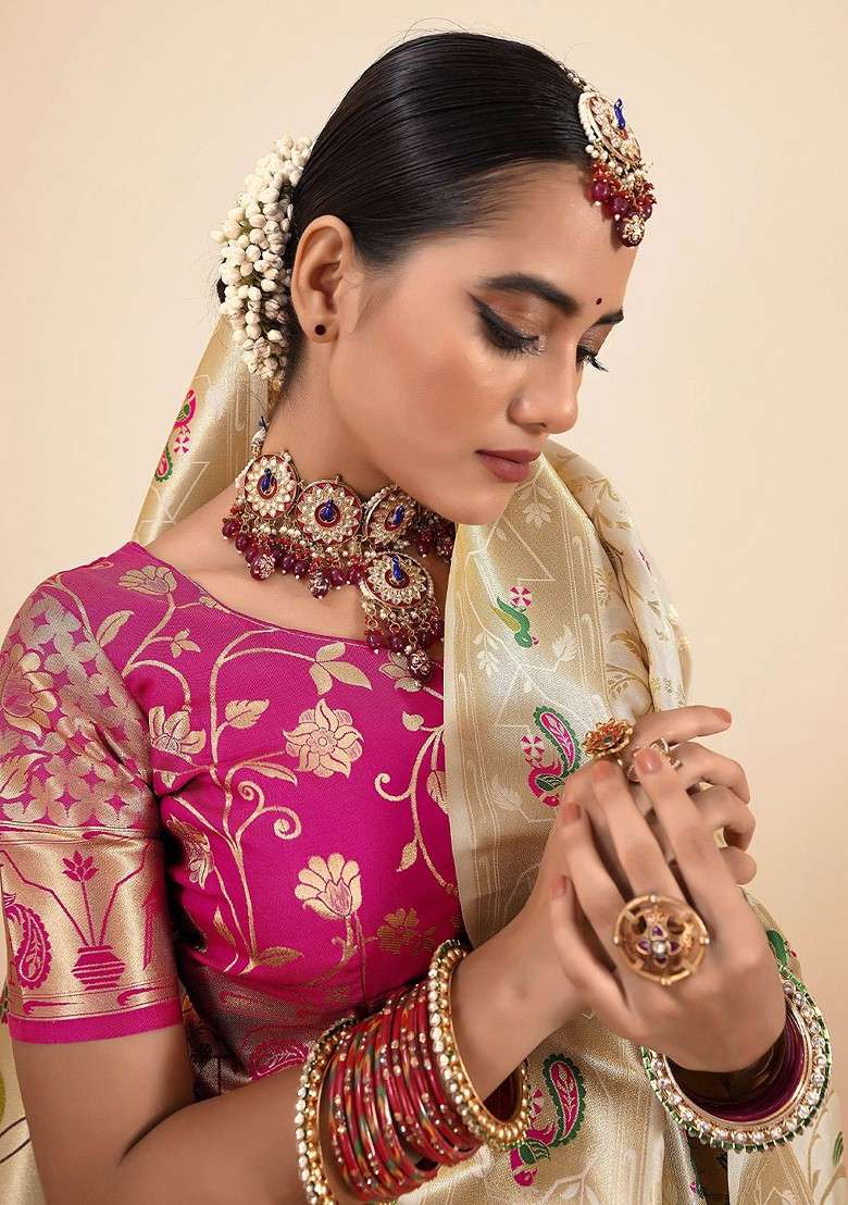 Cream Embroidered Blended Saree Set - Indya
