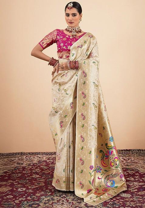 Cream Embroidered Blended Saree Set — view on Indya