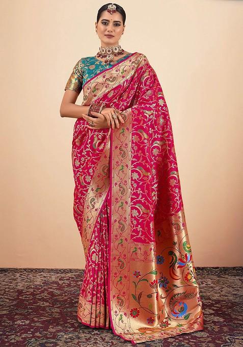 Pink Embroidered Blended Saree Set