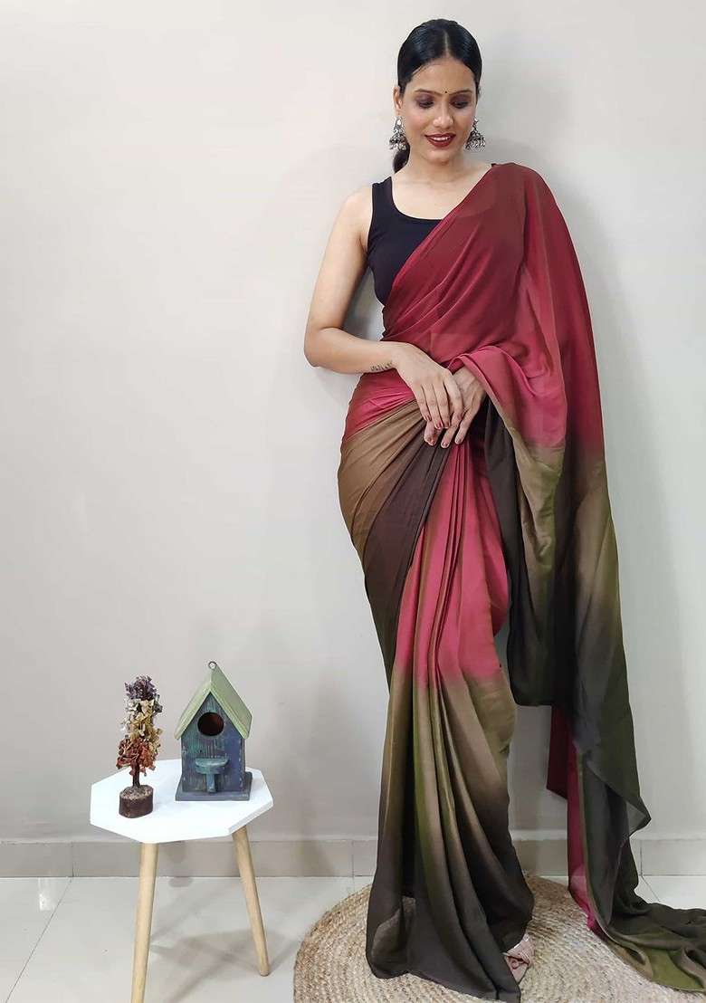 Maroon Embroidered Blended Saree Set - Indya