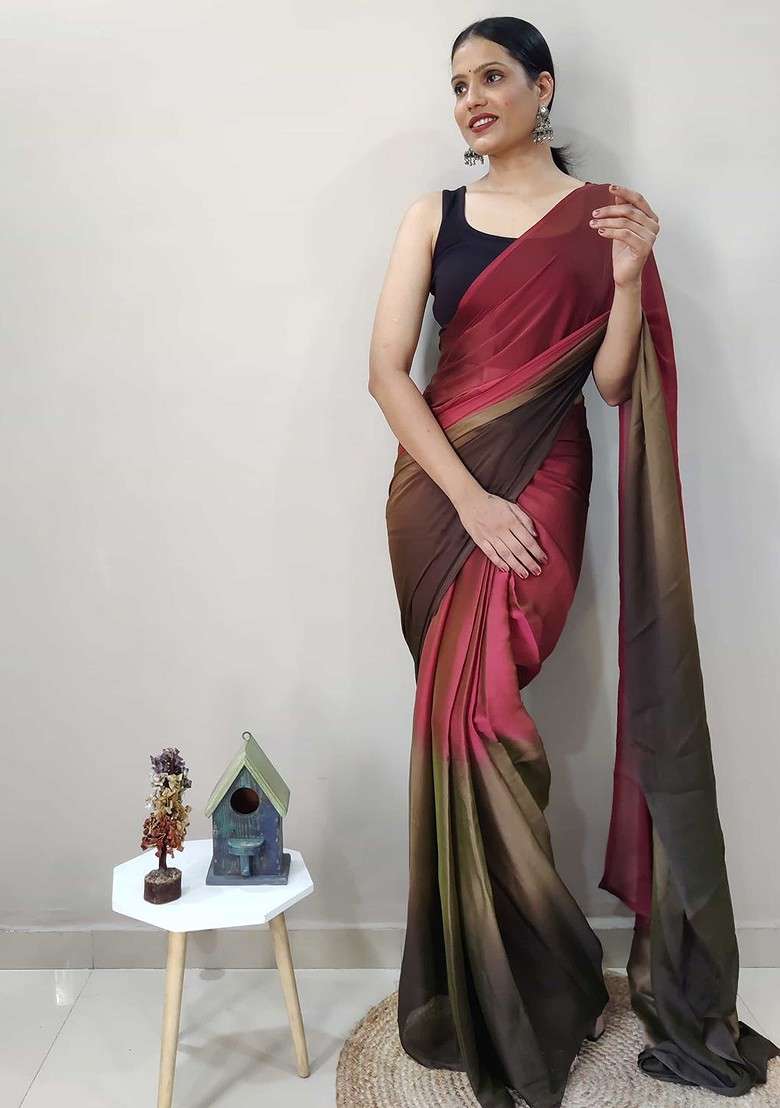 Maroon Embroidered Blended Saree Set - Indya
