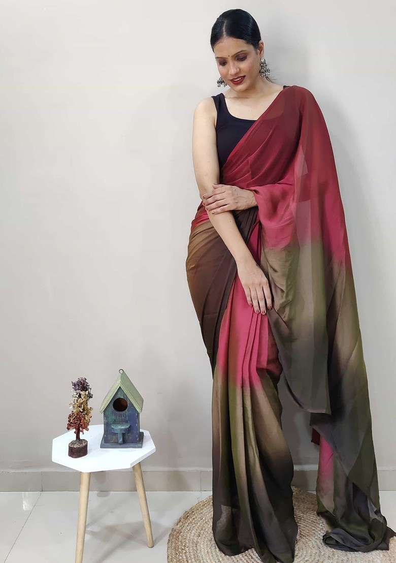 Maroon Embroidered Blended Saree Set - Indya