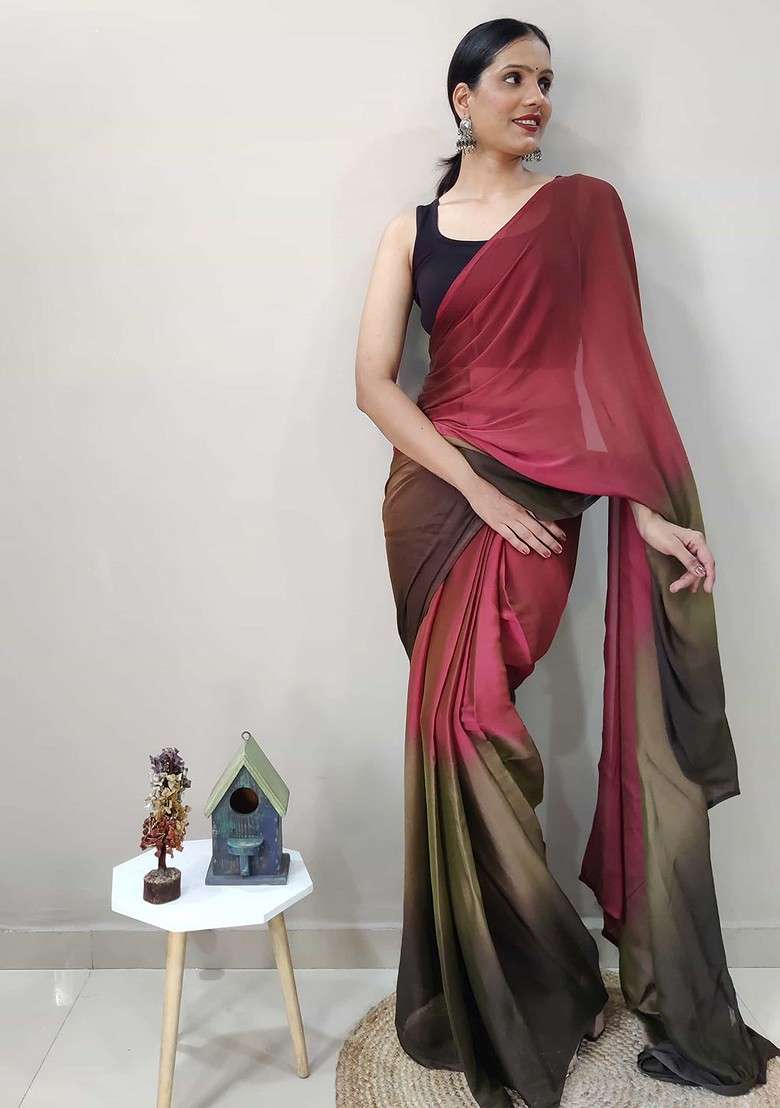 Maroon Embroidered Blended Saree Set - Indya