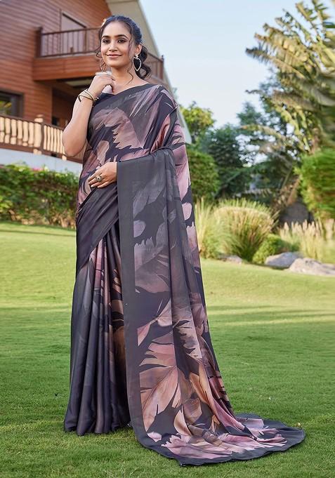 Black Embroidered Blended Saree Set