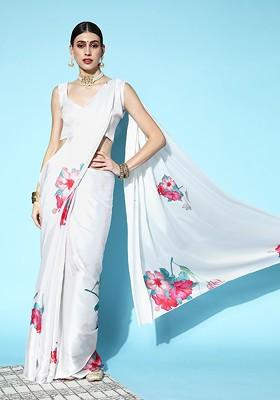 White Printed Blended Saree Set