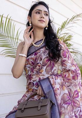 Purple Printed Blended Saree Set