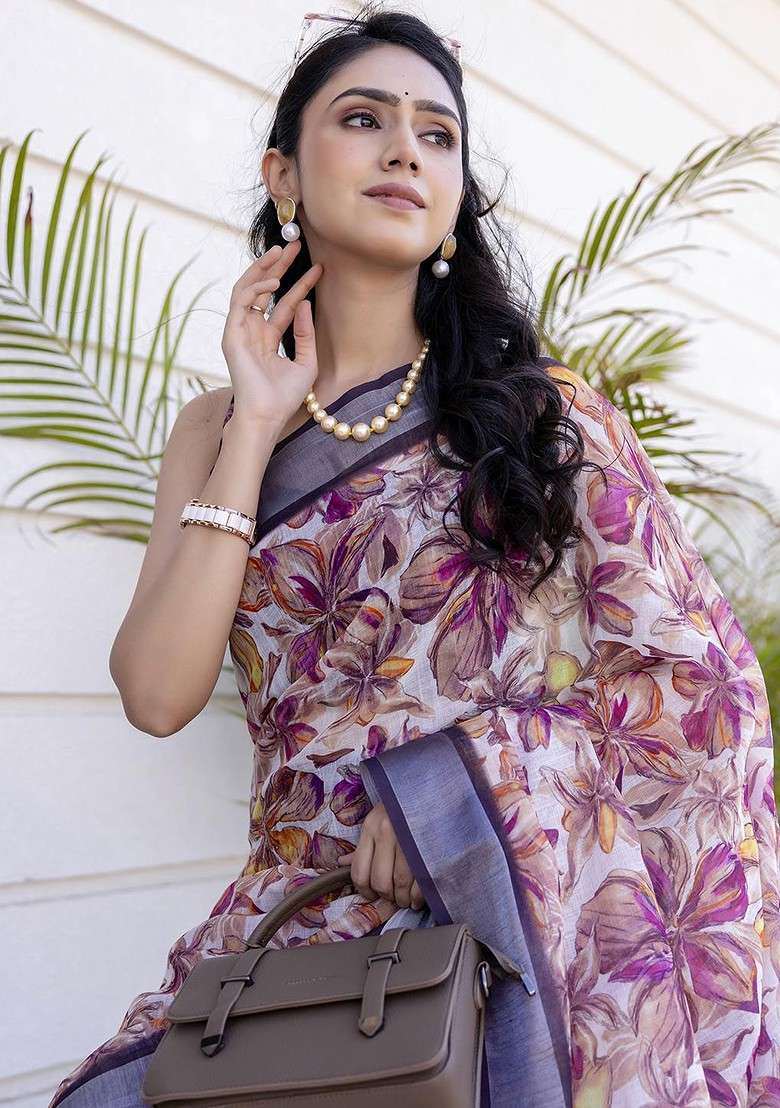 Purple Blended Saree Set with Printed for Diwali | Wedding & Festive Wear - Indya