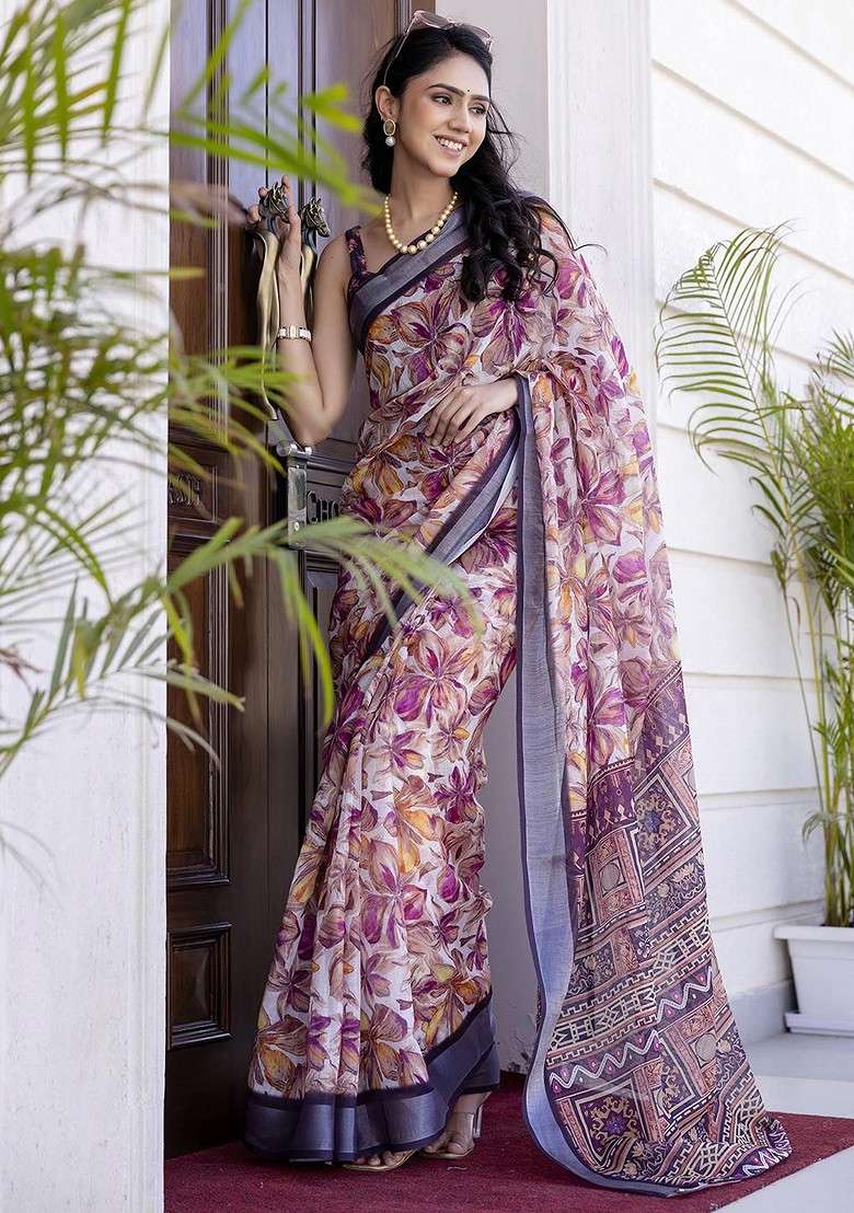Purple Blended Saree Set with Printed for Diwali | Wedding & Festive Wear - Indya