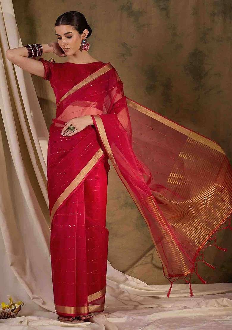 Red Embellished Blended Saree Set with Sequin for Diwali | Wedding & Festive Wear - Indya