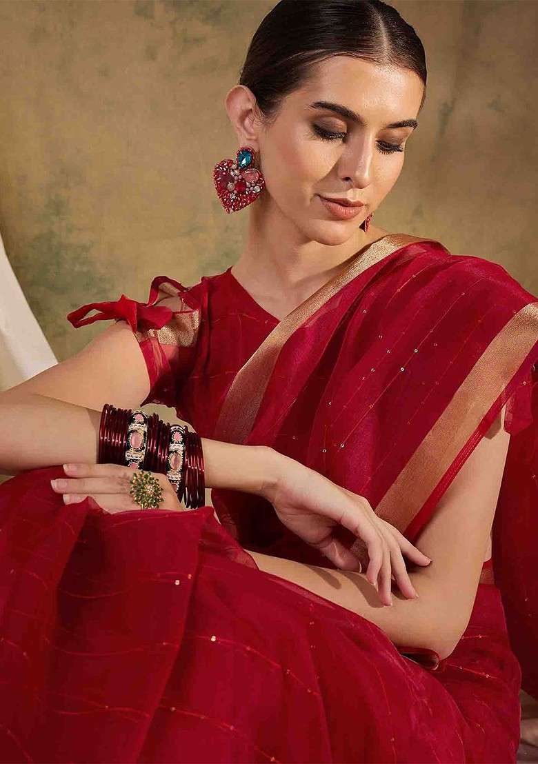 Red Embellished Blended Saree Set with Sequin for Diwali | Wedding & Festive Wear - Indya