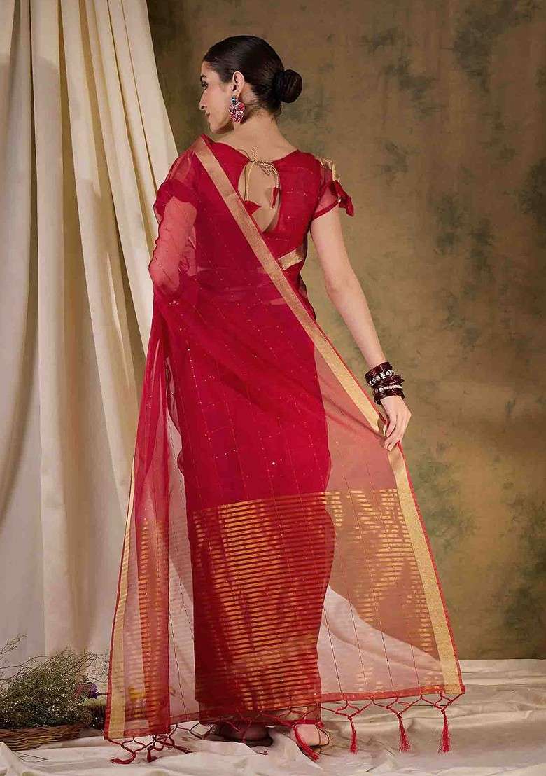 Red Embellished Blended Saree Set with Sequin for Diwali | Wedding & Festive Wear - Indya