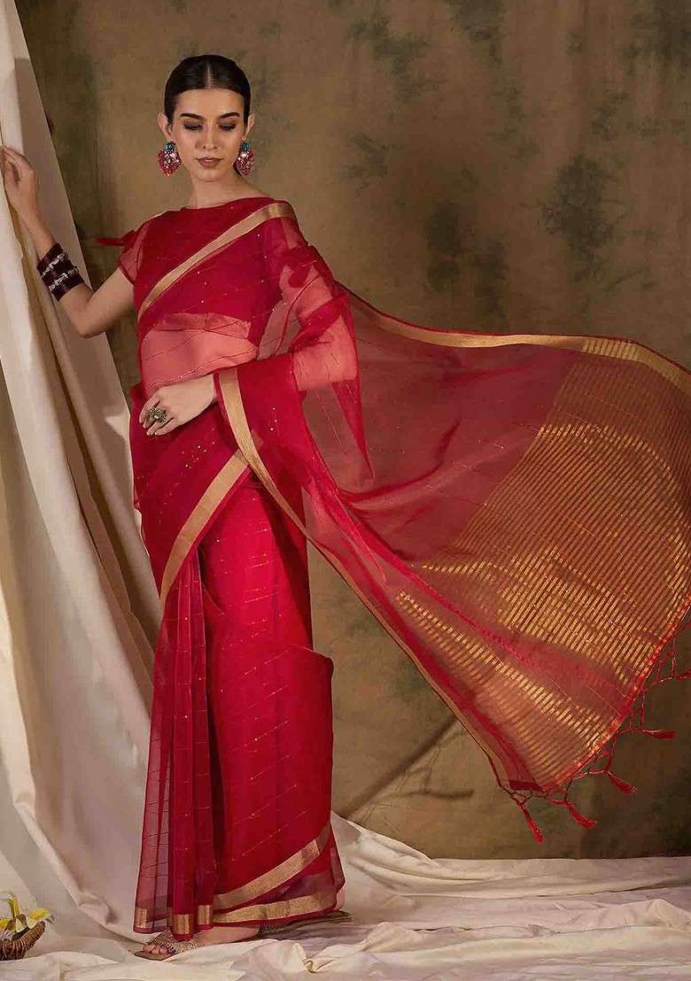 Red Embellished Blended Saree Set with Sequin for Diwali | Wedding & Festive Wear - Indya