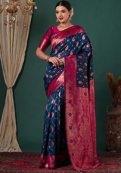 Blue Embroidered Blended Saree Set