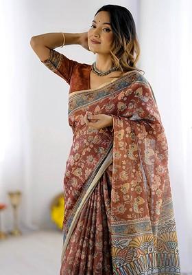 Brown Embroidered Blended Saree Set