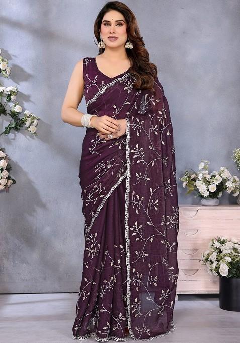 Purple Embroidered Blended Saree Set